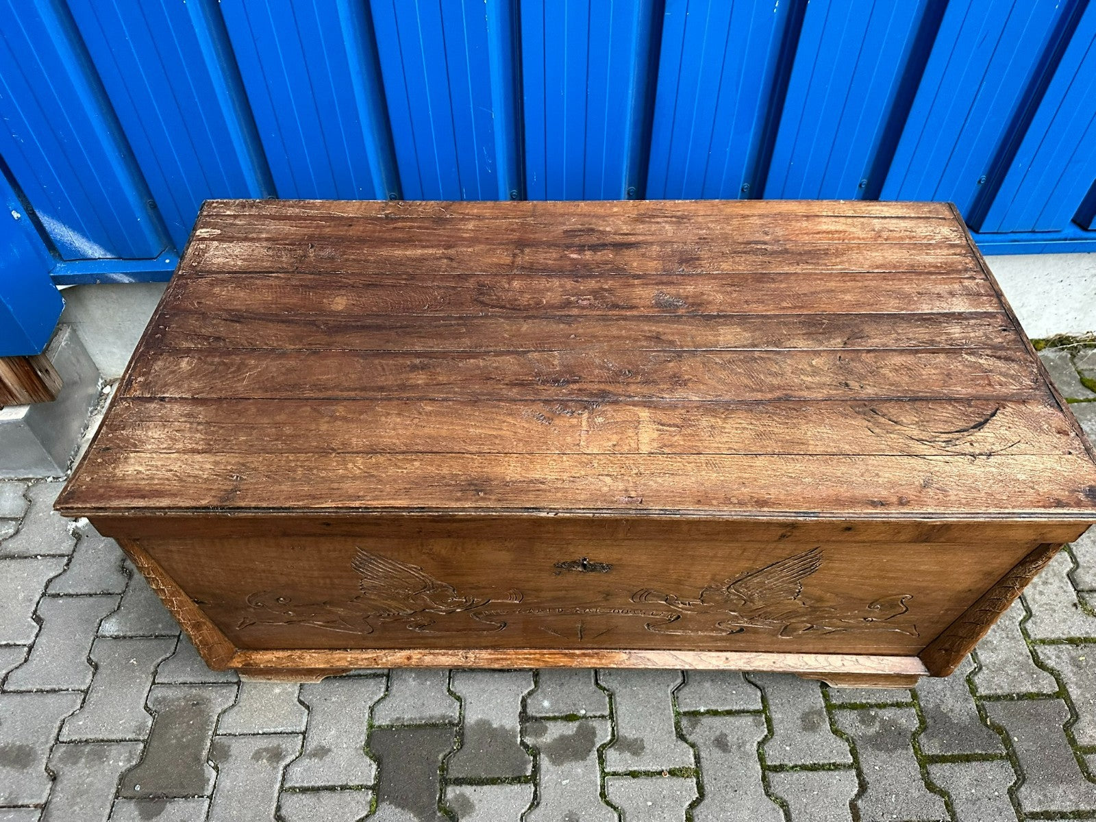 Antike Barocktruhe Truhe um 1800 Eiche massiv Glorienengel Schnitzerei