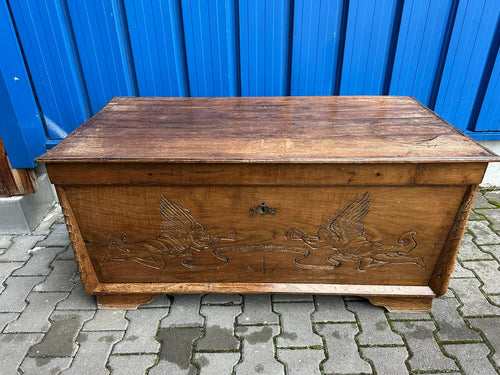 ANTIKE BAROCKTRUHE TRUHE UM 1800 EICHE MASSIV GLORIENENGEL SCHNITZEREI