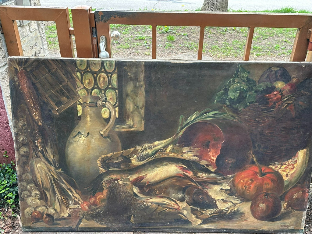 150x90cm grosses antikes Ölgemälde Stillleben signiert L. Volz