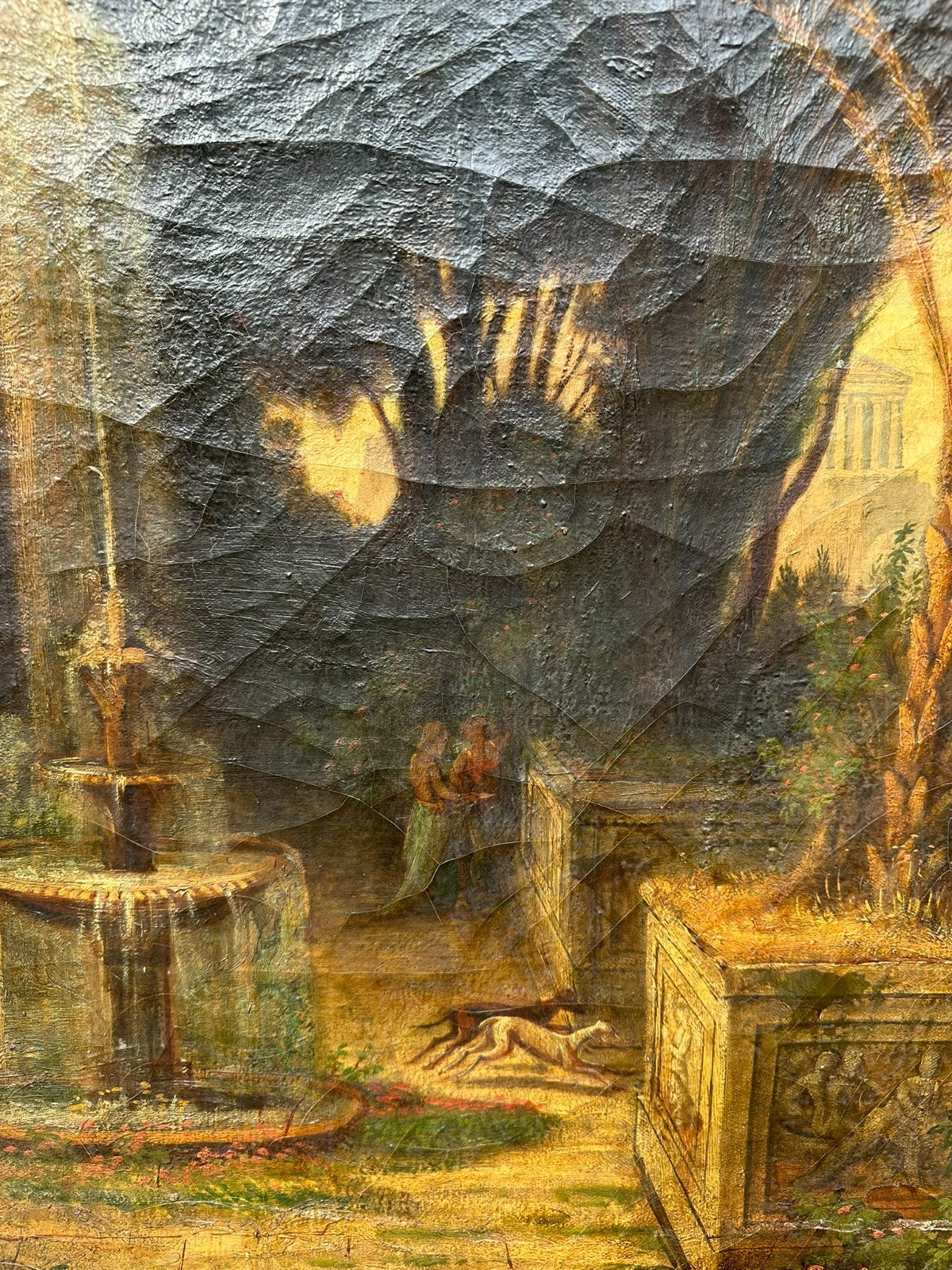 98x144cm Ölgemälde Romatische antike Landschaft mit Personen Restaurationsobjekt