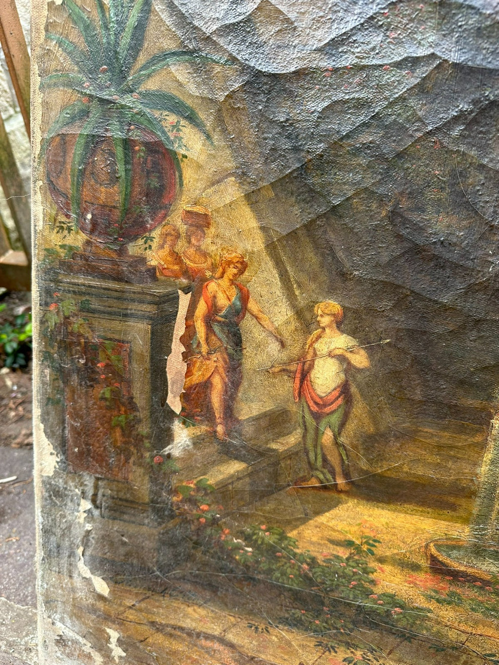 98x144cm Ölgemälde Romatische antike Landschaft mit Personen Restaurationsobjekt