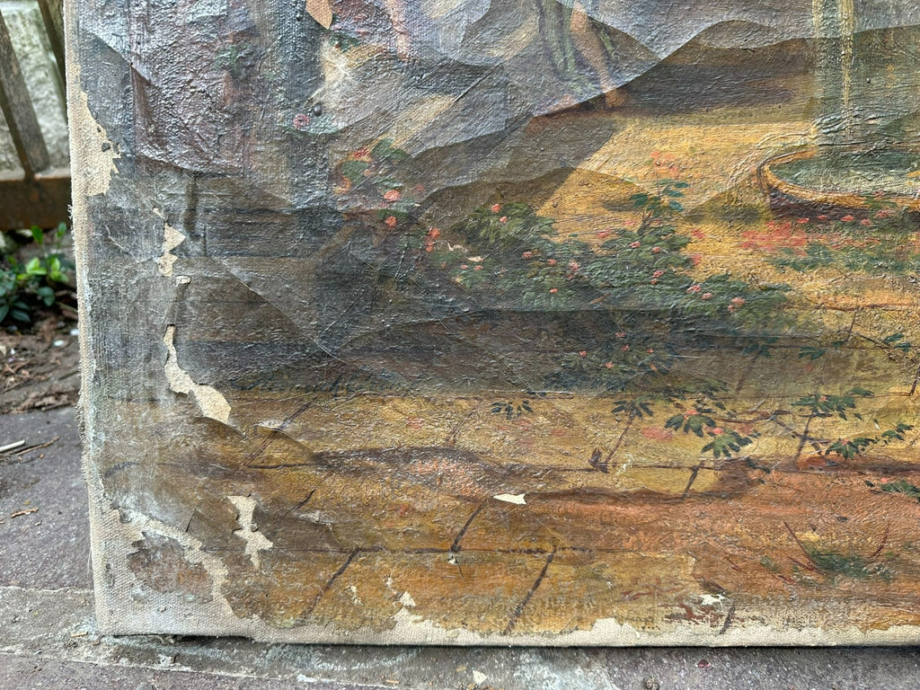 98x144cm Ölgemälde Romatische antike Landschaft mit Personen Restaurationsobjekt