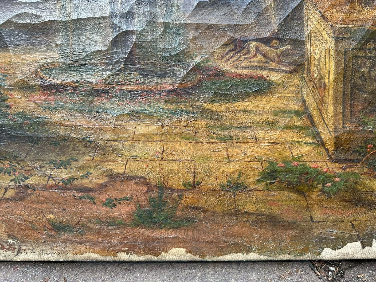 98x144cm Ölgemälde Romatische antike Landschaft mit Personen Restaurationsobjekt