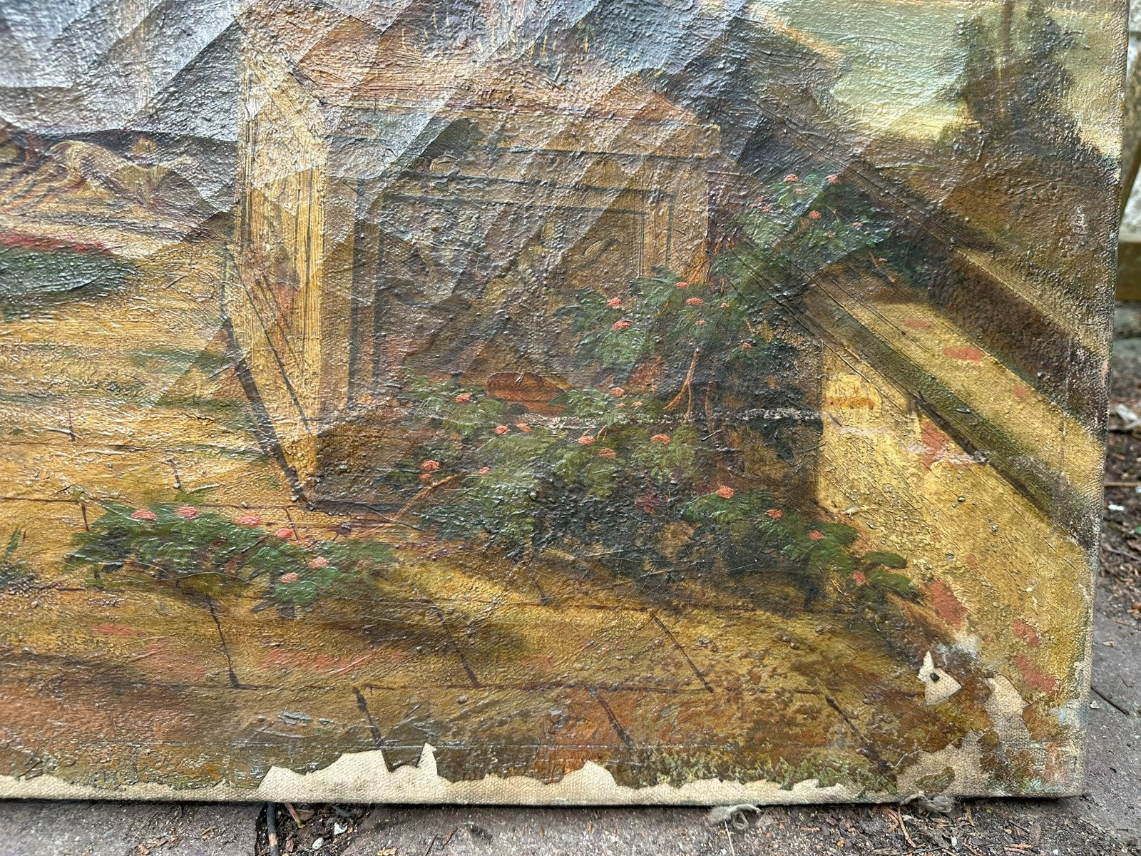 98x144cm Ölgemälde Romatische antike Landschaft mit Personen Restaurationsobjekt
