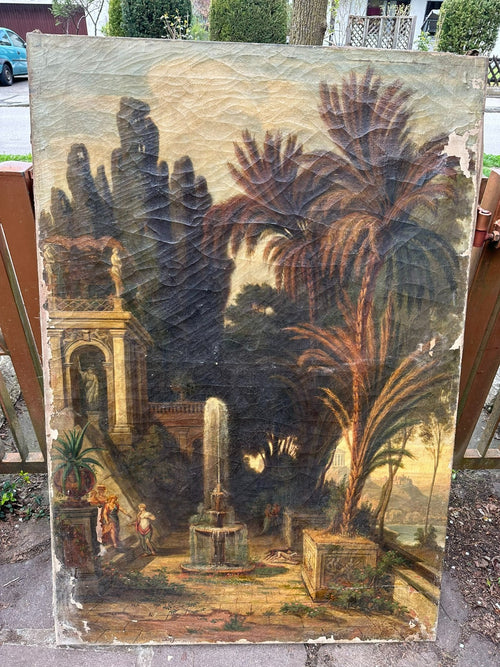 98x144cm Ölgemälde Romatische antike Landschaft mit Personen Restaurationsobjekt