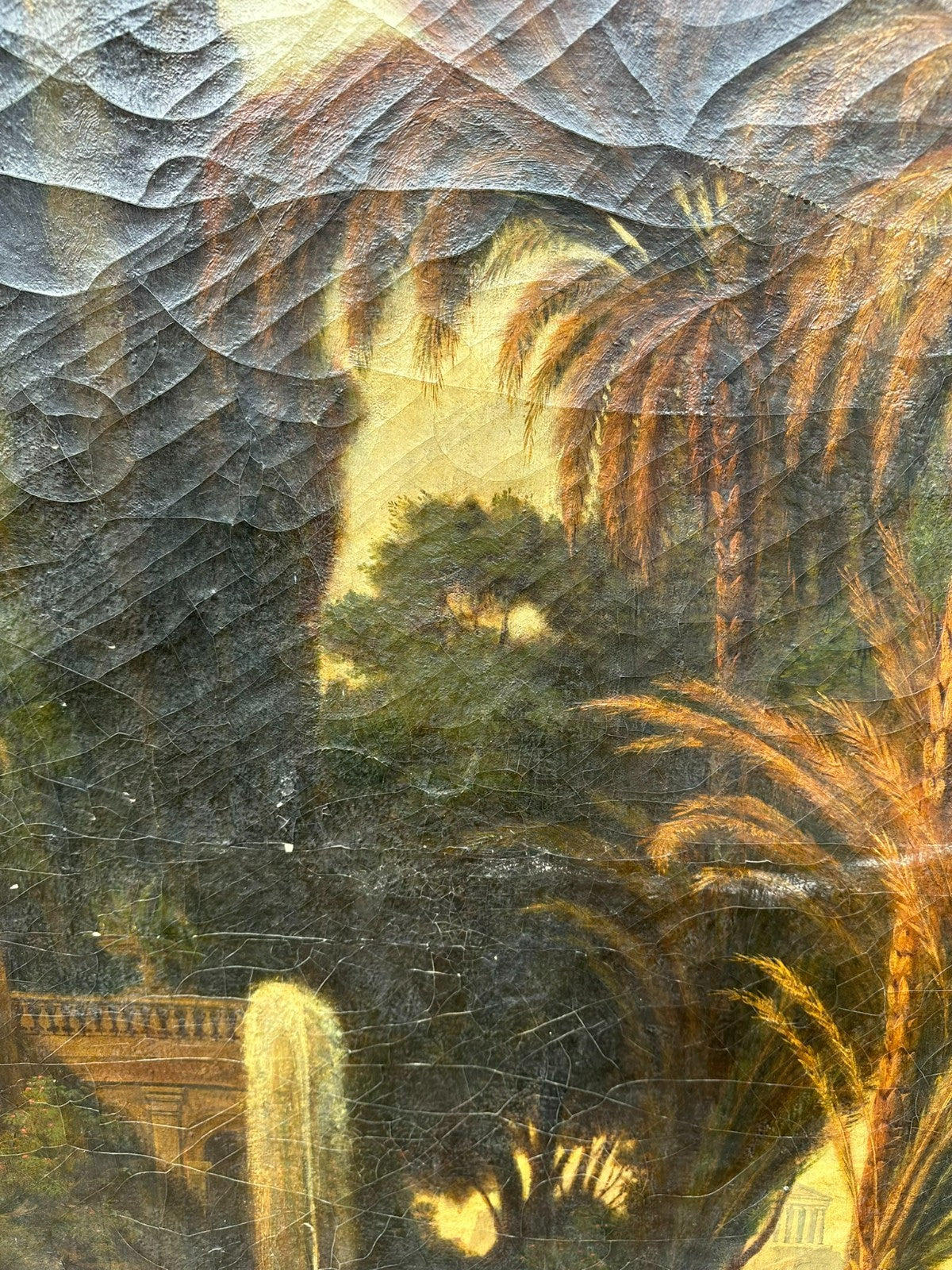 98x144cm Ölgemälde Romatische antike Landschaft mit Personen Restaurationsobjekt