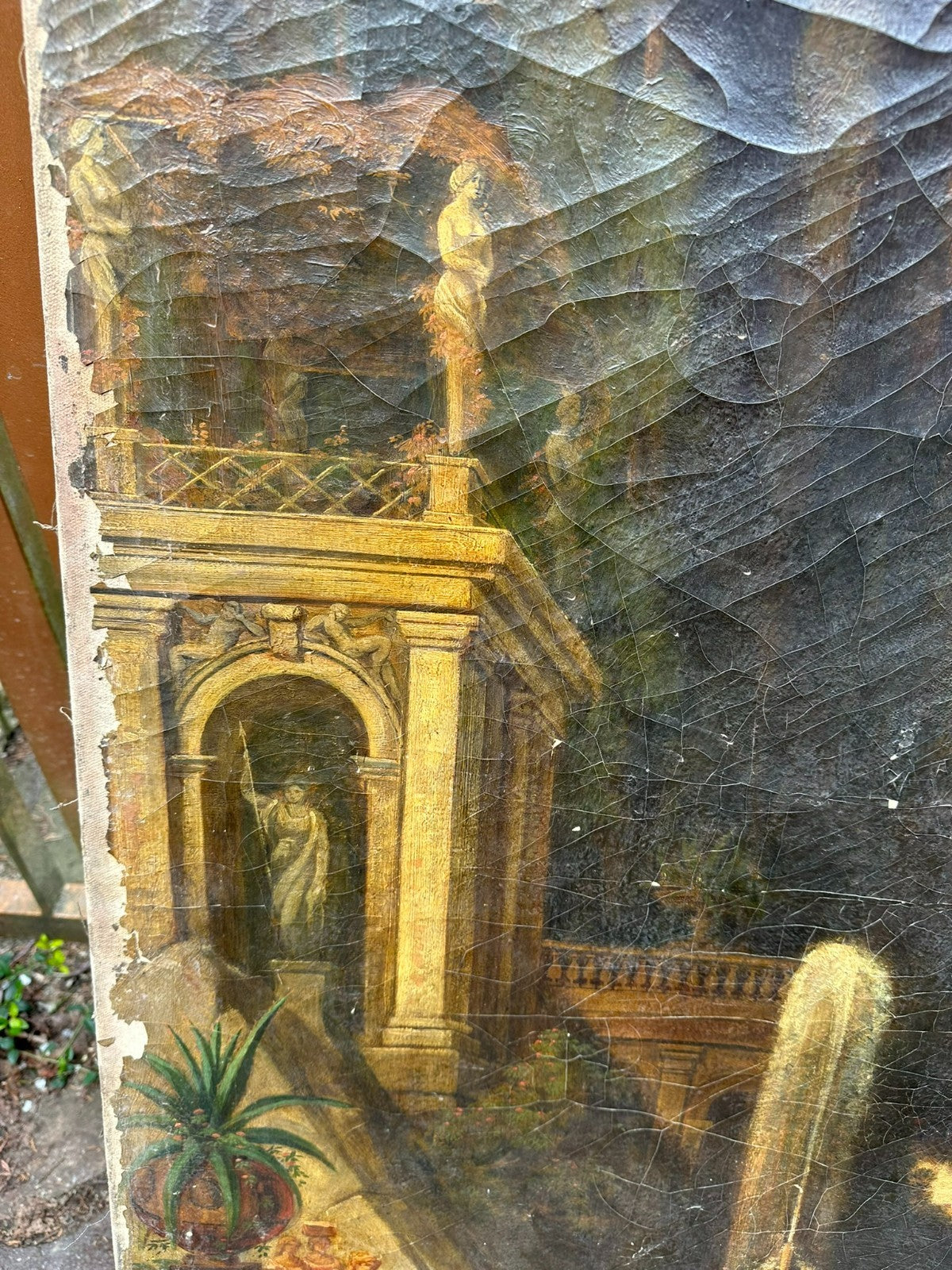 98x144cm Ölgemälde Romatische antike Landschaft mit Personen Restaurationsobjekt