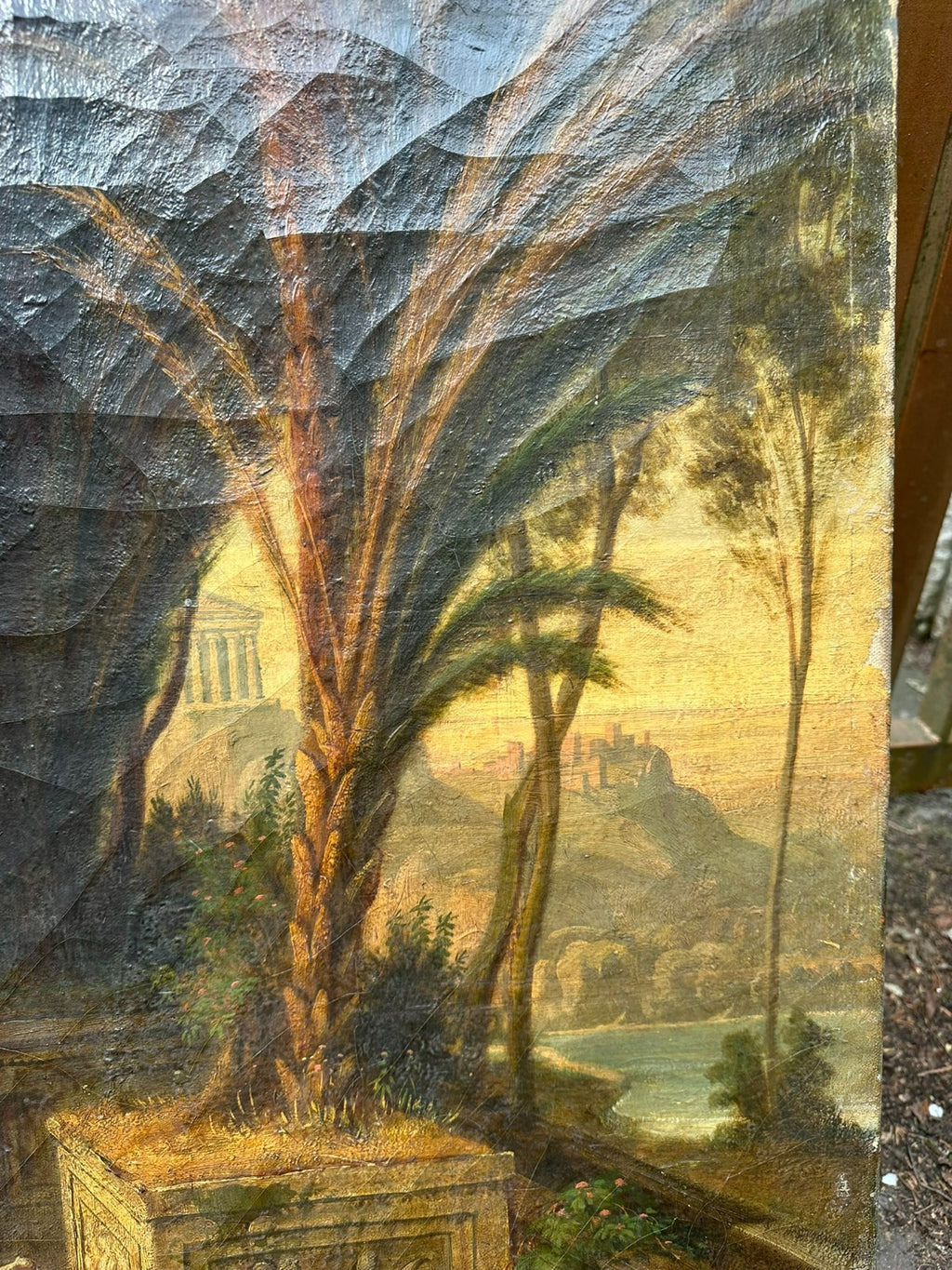 98x144cm Ölgemälde Romatische antike Landschaft mit Personen Restaurationsobjekt