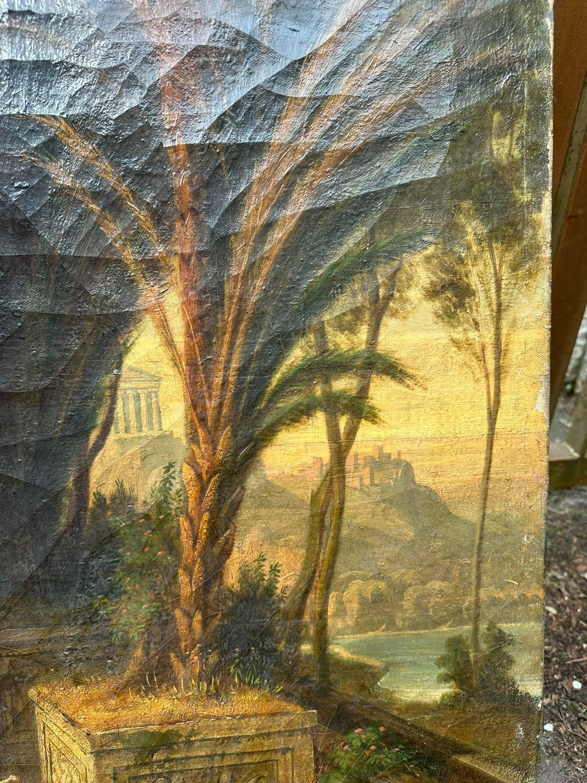 98x144cm Ölgemälde Romatische antike Landschaft mit Personen Restaurationsobjekt
