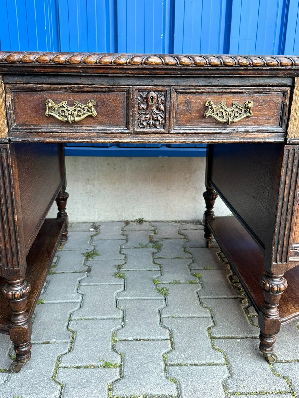 Antiker Viktorianischer Schreibtisch um 1900 Eiche Jugendstil Beschläge