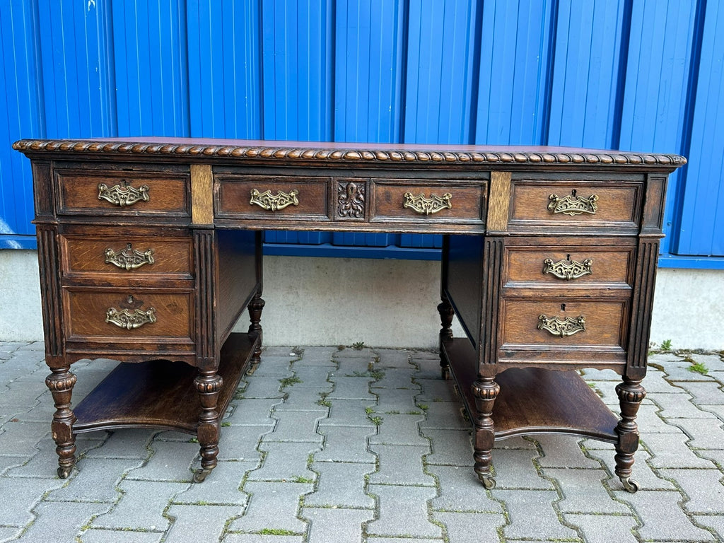 ANTIKER VIKTORIANISCHER SCHREIBTISCH UM 1900 EICHE JUGENDSTIL BESCHLÄGE