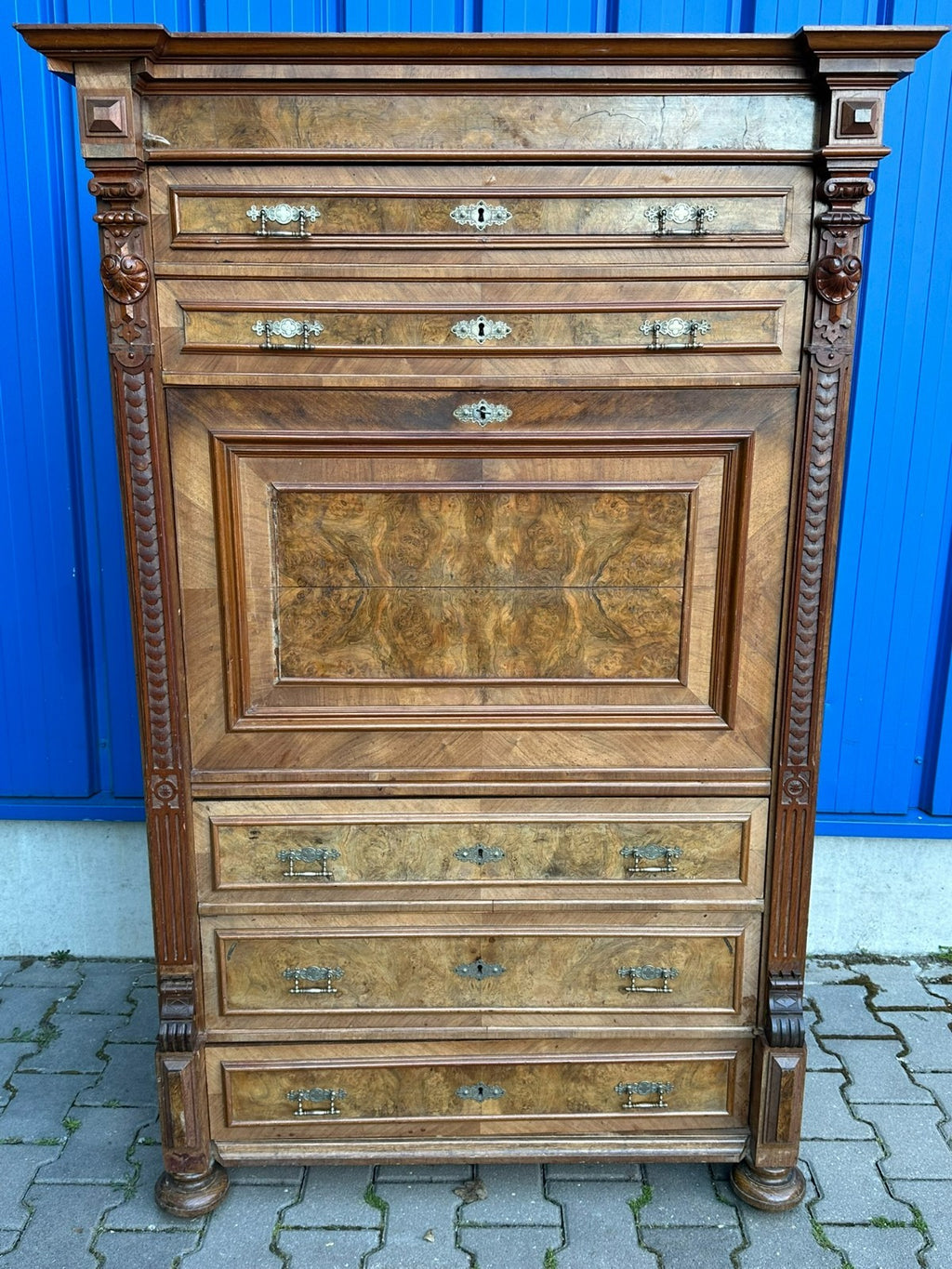 ANTIKER GROSSER GRÜNDERZEIT SEKRETÄR UM 1890 NUSSBAUM FURNIER