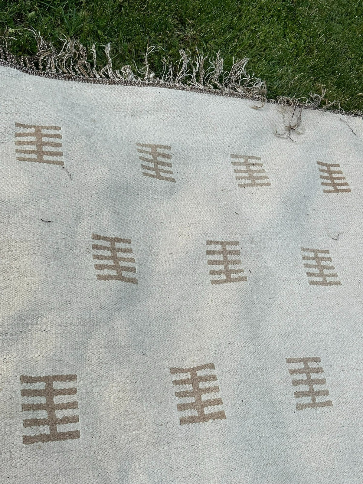 Kelim Teppich Wolle Flachgewebe Creme Geometrisch Boho Handgewebt 326x205 Cm
