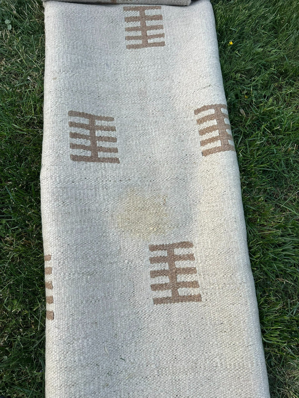 Kelim Teppich Wolle Flachgewebe Creme Geometrisch Boho Handgewebt 326x205 Cm