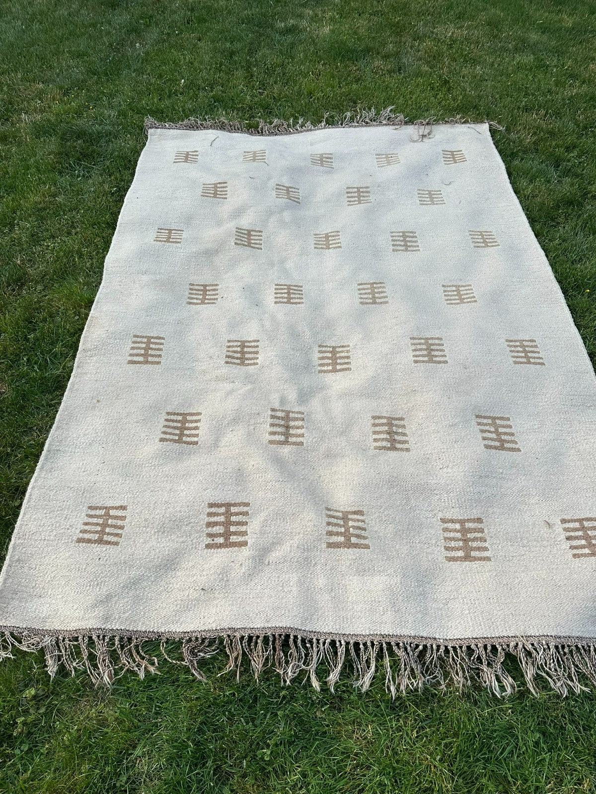 Kelim Teppich Wolle Flachgewebe Creme Geometrisch Boho Handgewebt 326x205 Cm