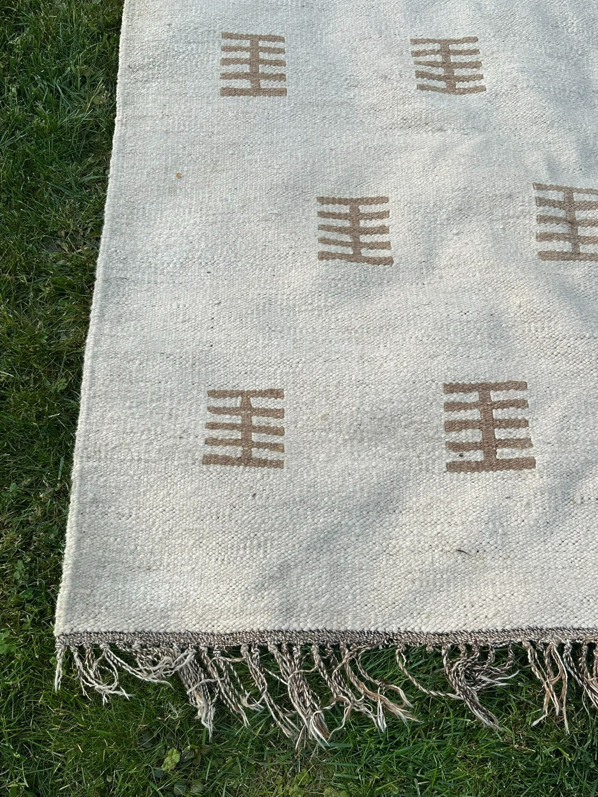 Kelim Teppich Wolle Flachgewebe Creme Geometrisch Boho Handgewebt 326x205 Cm