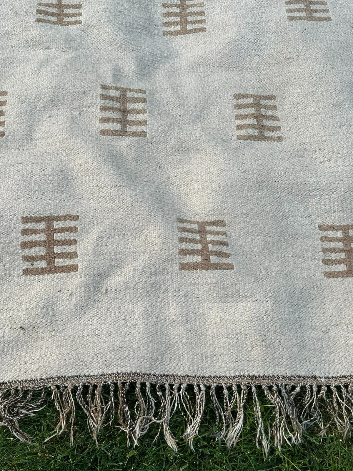 Kelim Teppich Wolle Flachgewebe Creme Geometrisch Boho Handgewebt 326x205 Cm