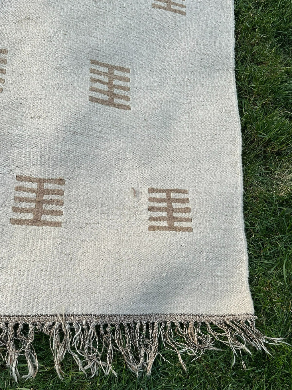 Kelim Teppich Wolle Flachgewebe Creme Geometrisch Boho Handgewebt 326x205 Cm