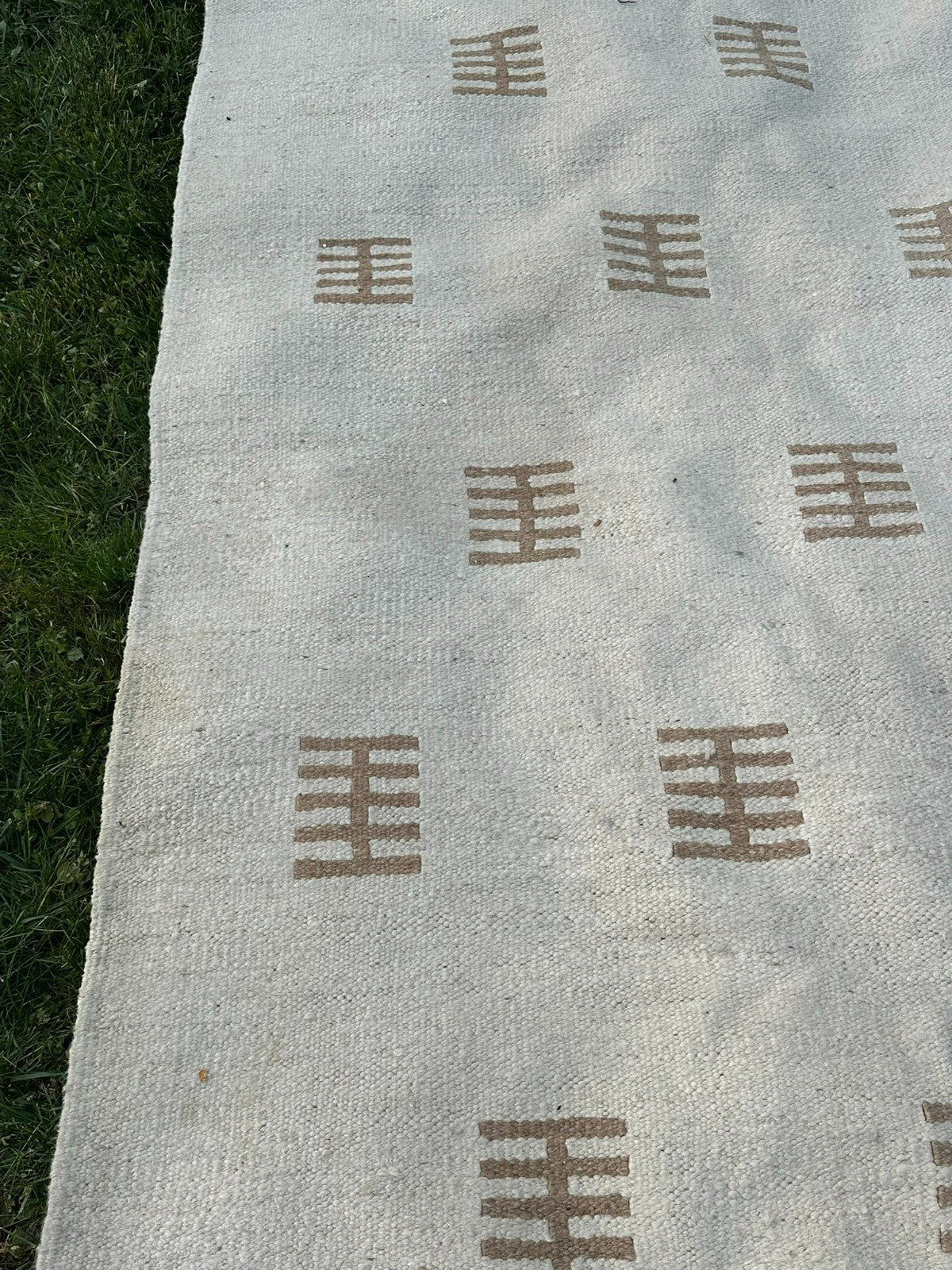 Kelim Teppich Wolle Flachgewebe Creme Geometrisch Boho Handgewebt 326x205 Cm