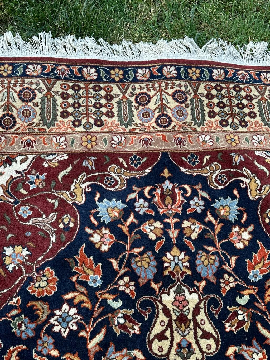 Orientteppich im Stil Täbriz handgeknüpft Medaillon Wolle Blau/rot 360X234cm
