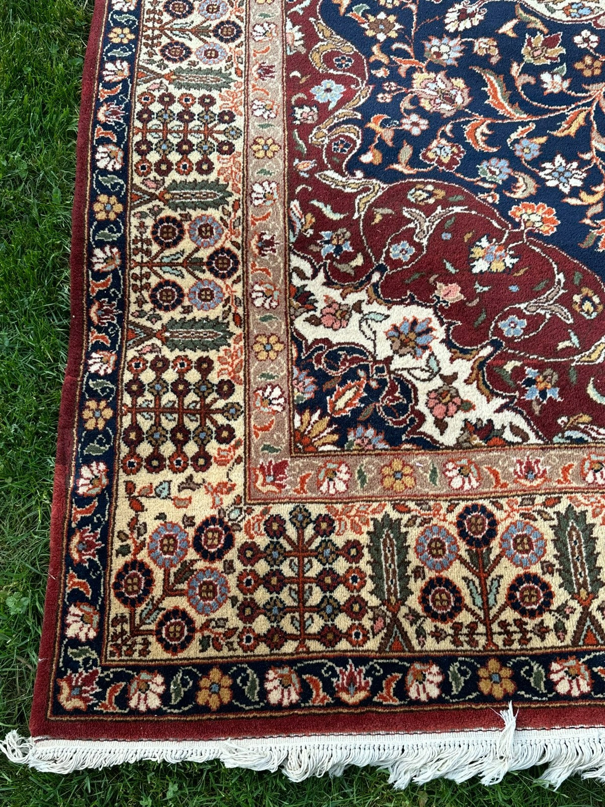 Orientteppich im Stil Täbriz handgeknüpft Medaillon Wolle Blau/rot 360X234cm