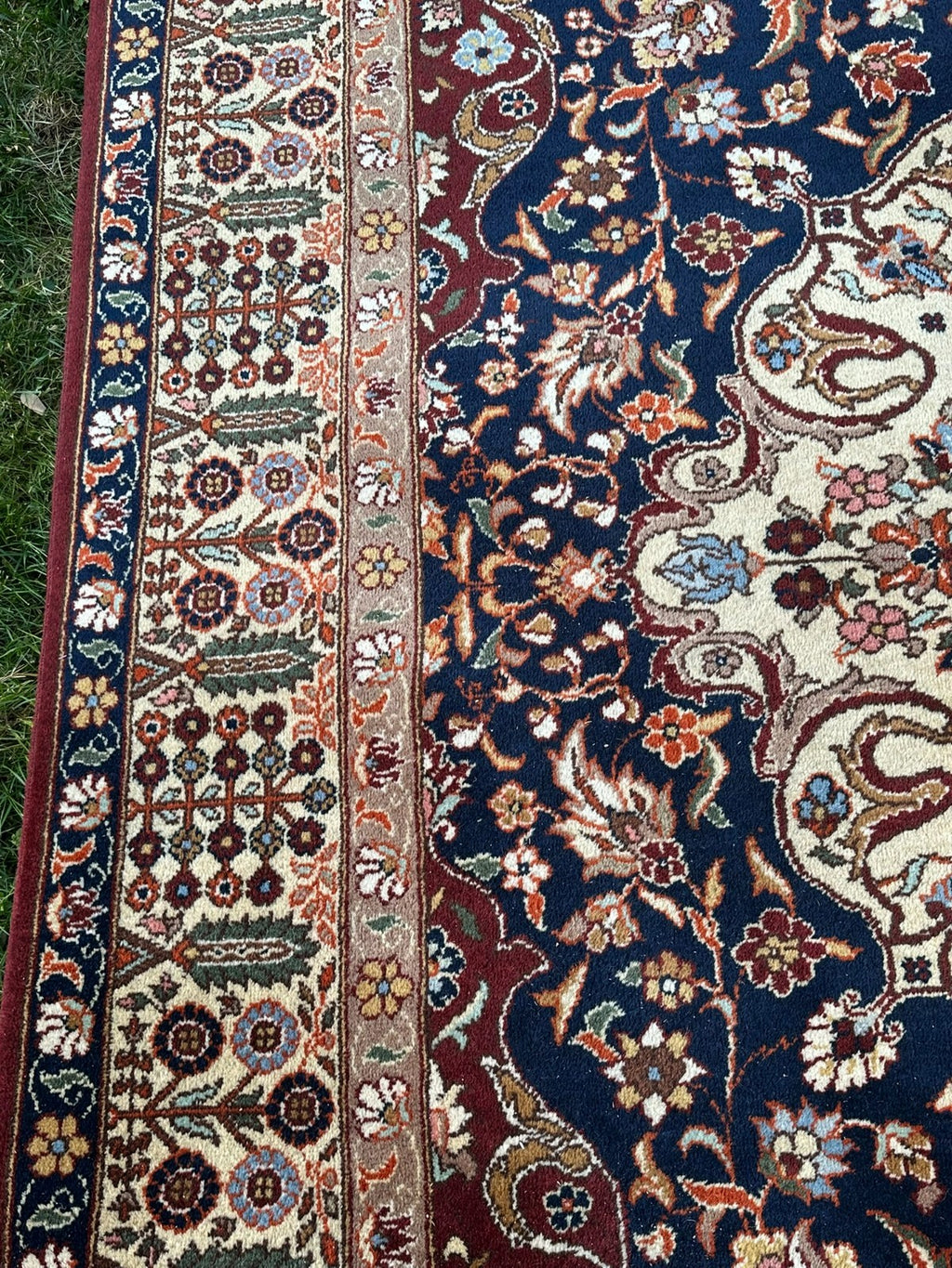 Orientteppich im Stil Täbriz handgeknüpft Medaillon Wolle Blau/rot 360X234cm