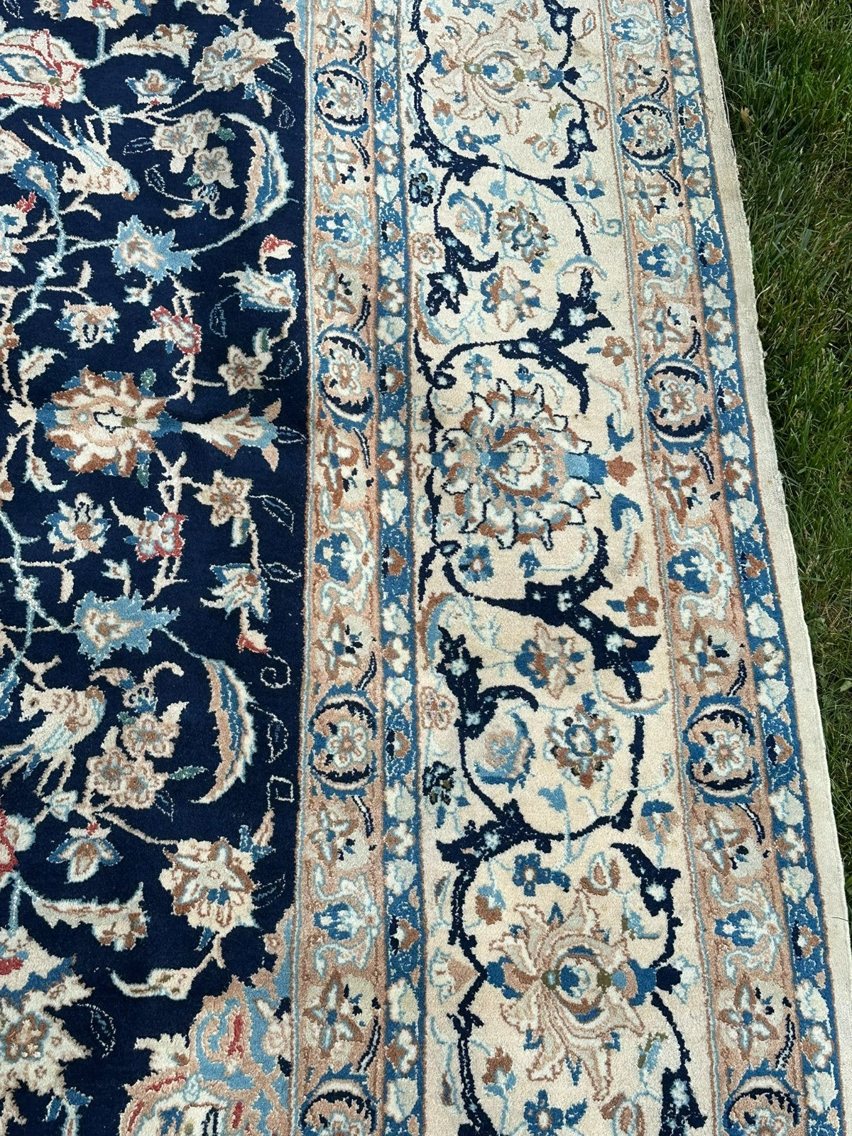 Orientteppich im Stil Nain handgeknüpft Nachtblau Creme 365X257cm Wolle gross