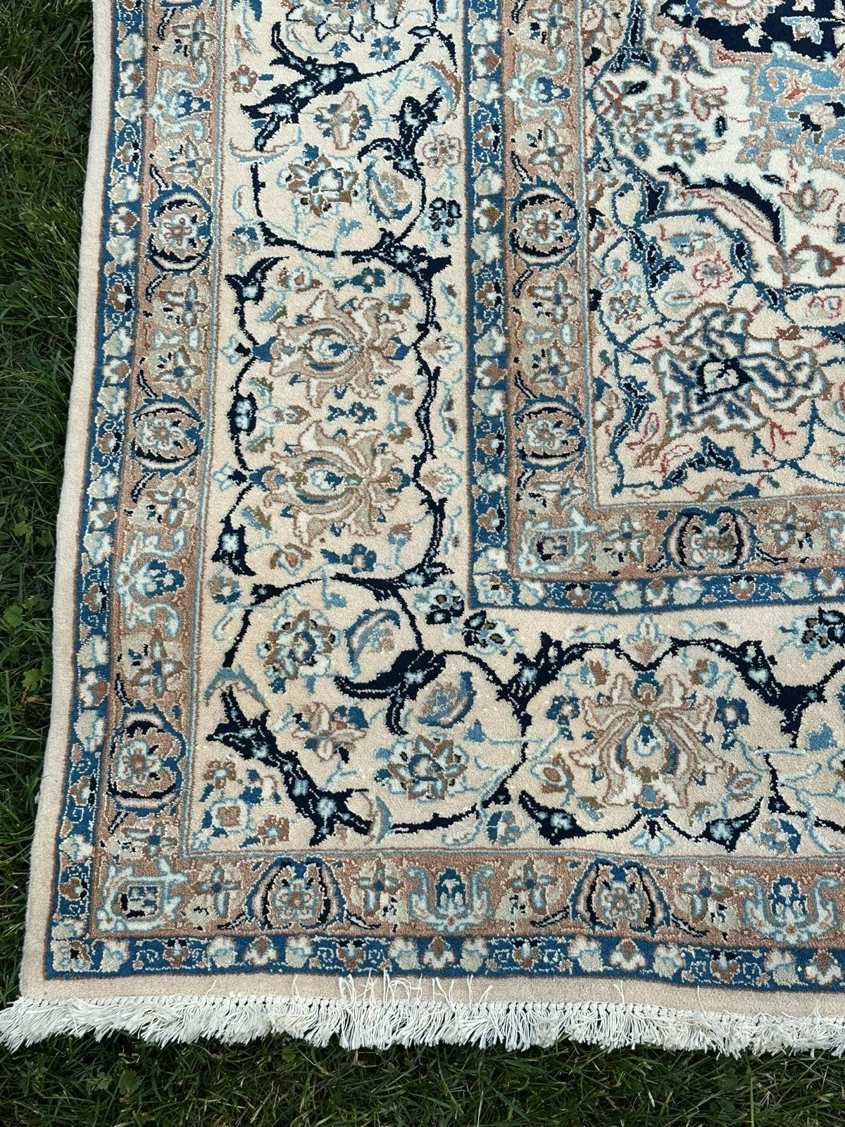 Orientteppich im Stil Nain handgeknüpft Nachtblau Creme 365X257cm Wolle gross