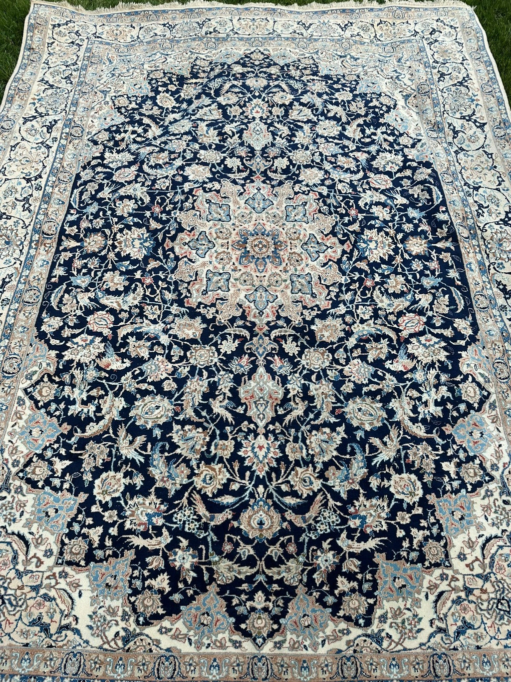 ORIENTTEPPICH IM STIL NAIN HANDGEKNÜPFT NACHTBLAU CREME 365X257cm WOLLE GROSS