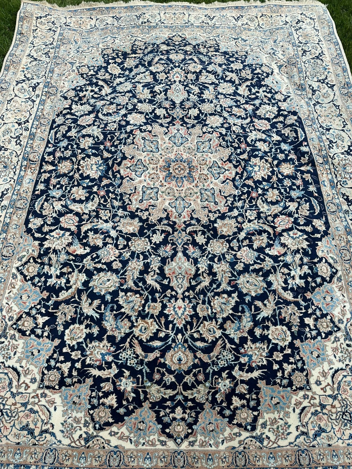 ORIENTTEPPICH IM STIL NAIN HANDGEKNÜPFT NACHTBLAU CREME 365X257cm WOLLE GROSS