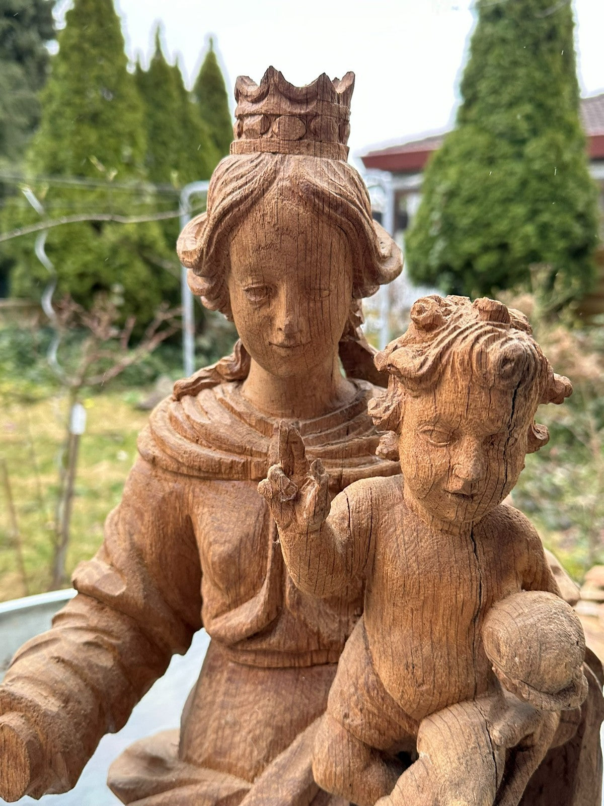 Neo Gotik Heiligenfigur Madonna mit Jesus Kind handgeschnitzt 68cm 20 tes