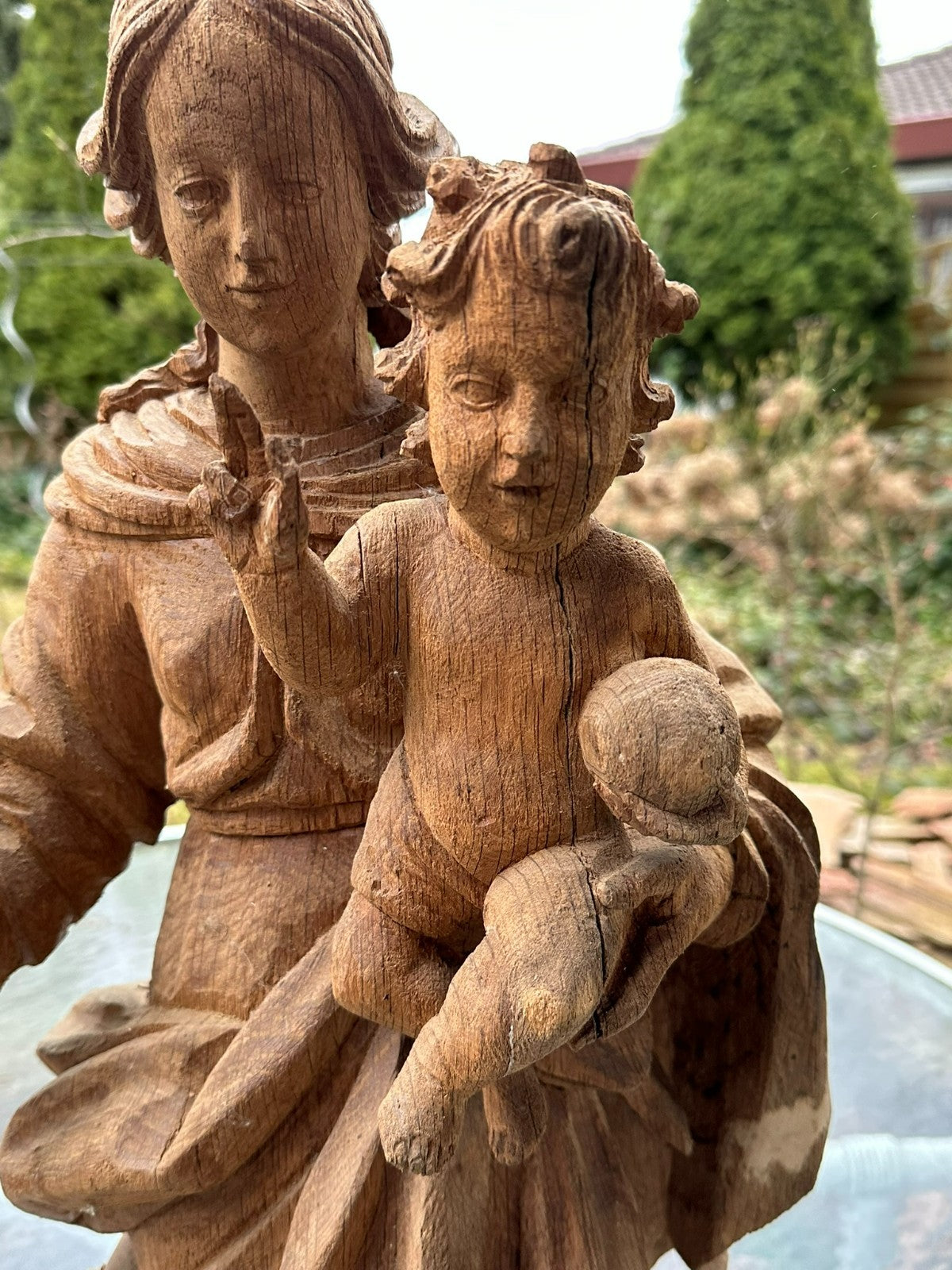 Neo Gotik Heiligenfigur Madonna mit Jesus Kind handgeschnitzt 68cm 20 tes