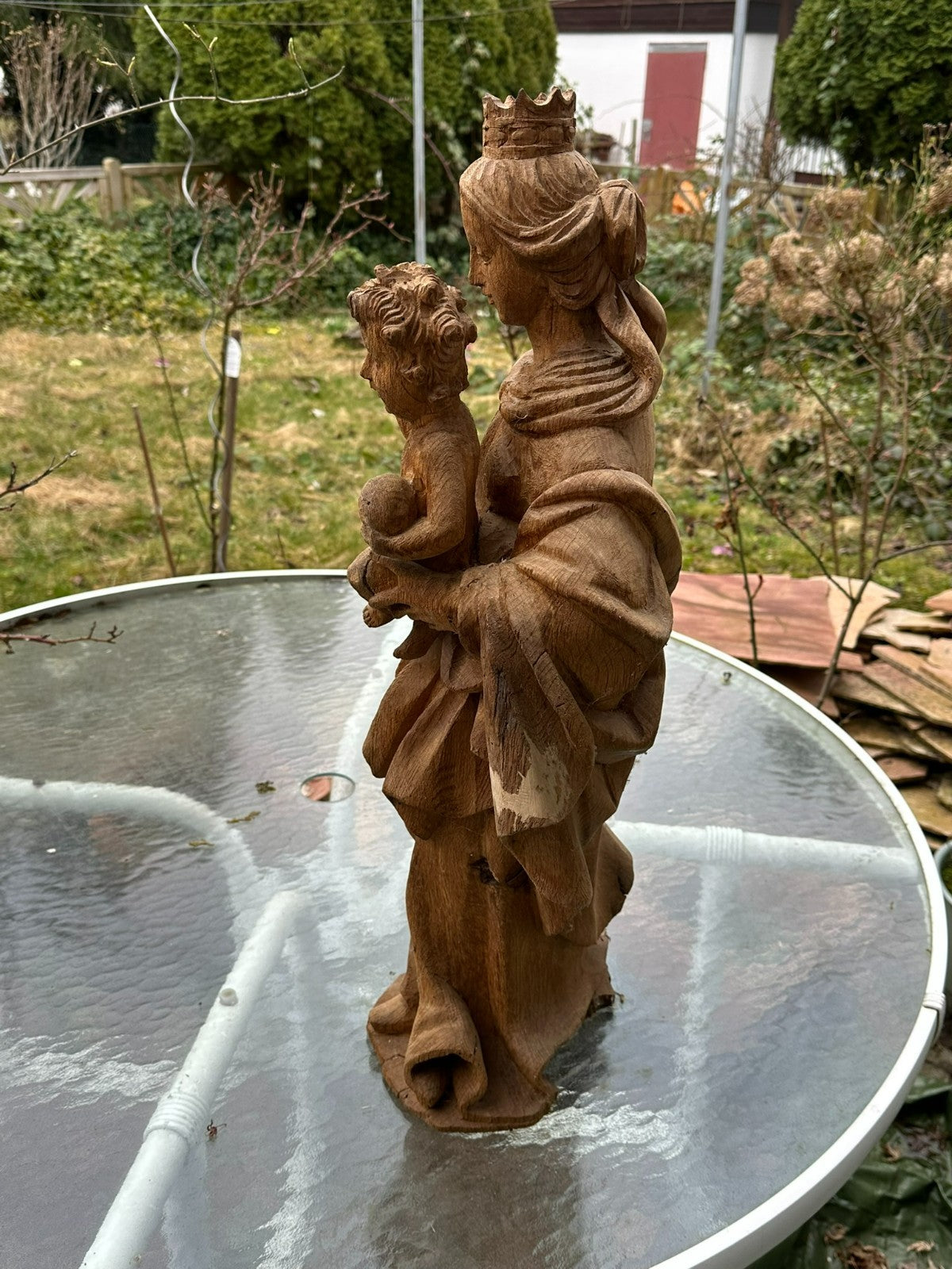 Neo Gotik Heiligenfigur Madonna mit Jesus Kind handgeschnitzt 68cm 20 tes