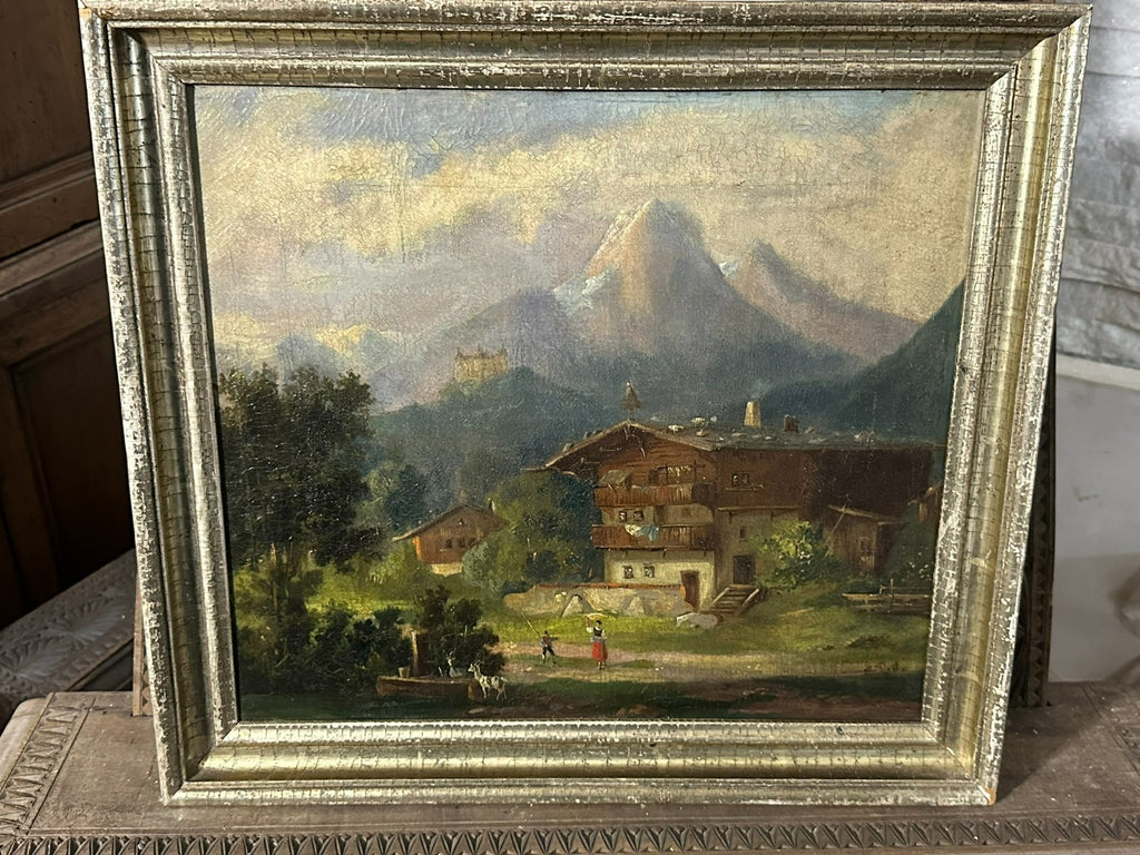 Antikes Ölgemälde Personen vor Bauernhof Alpen Panorama signiert Doll