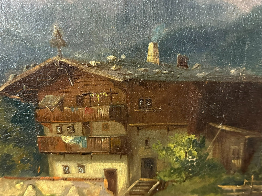 Antikes Ölgemälde Personen vor Bauernhof Alpen Panorama signiert Doll