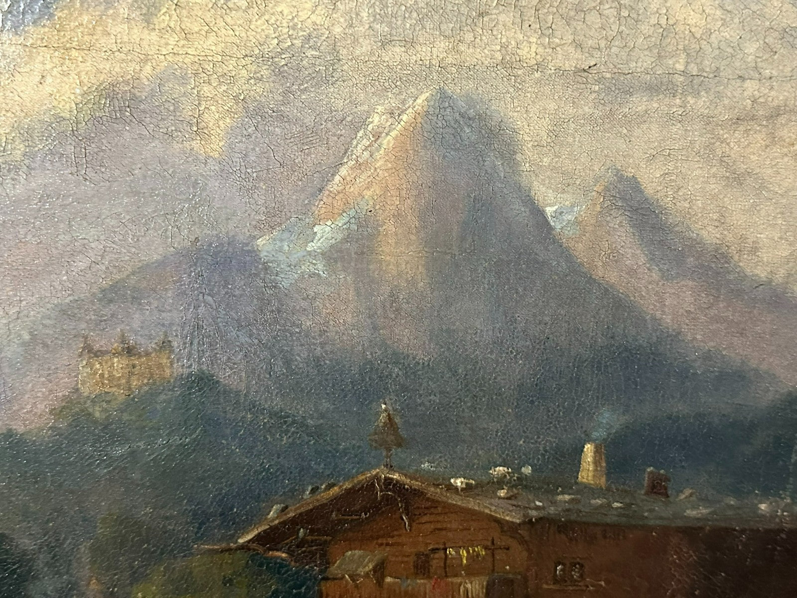 Antikes Ölgemälde Personen vor Bauernhof Alpen Panorama signiert Doll