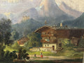 ANTIKES ÖLGEMÄLDE PERSONEN VOR BAUERNHOF ALPEN PANORAMA SIGNIERT DOLL