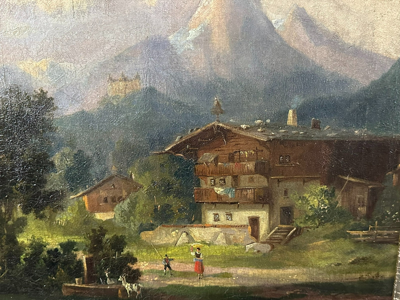 ANTIKES ÖLGEMÄLDE PERSONEN VOR BAUERNHOF ALPEN PANORAMA SIGNIERT DOLL