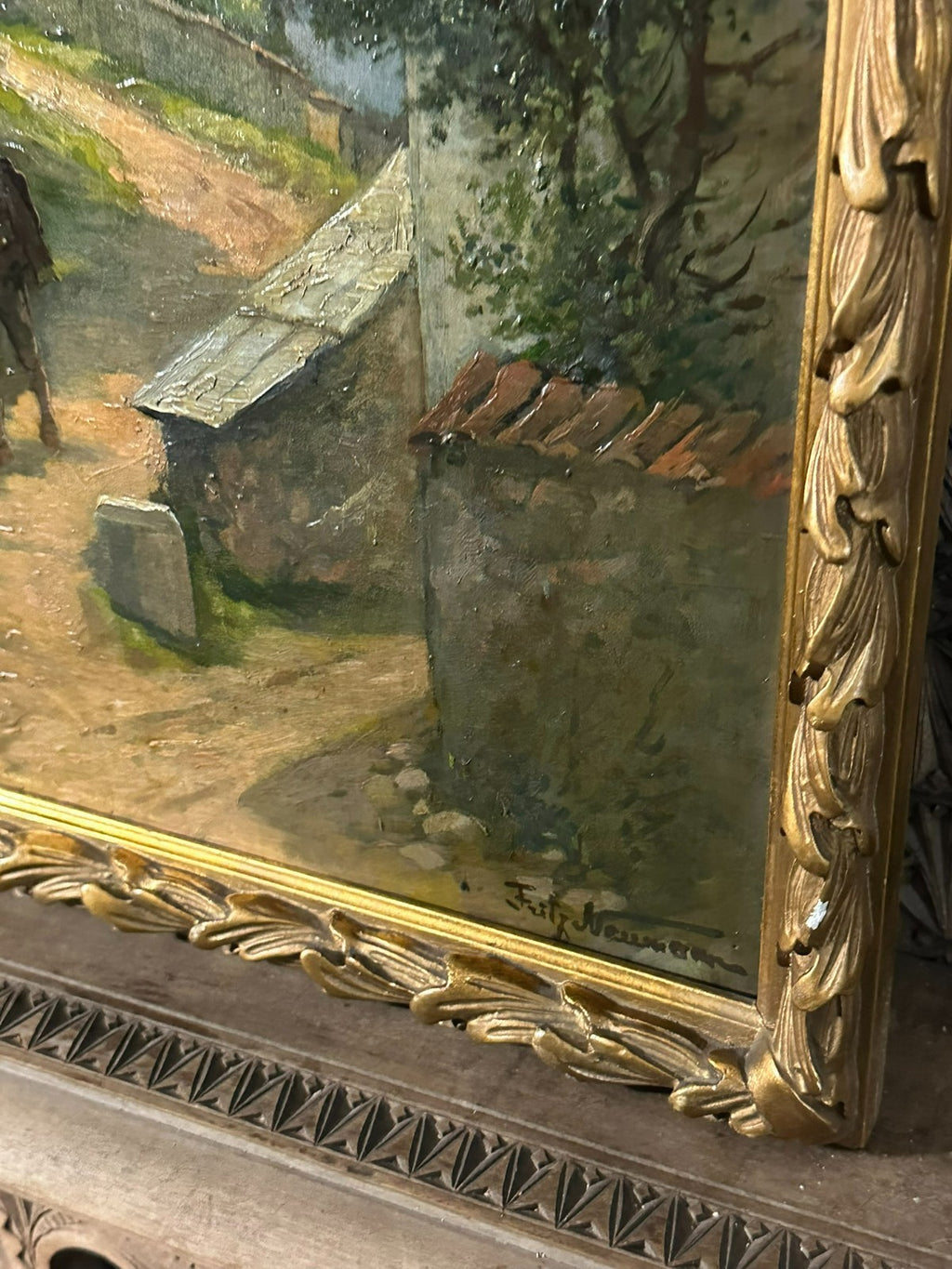 Altes Ölgemälde Mann mit Pferd auf dem Weg signiert Fritz Neumann