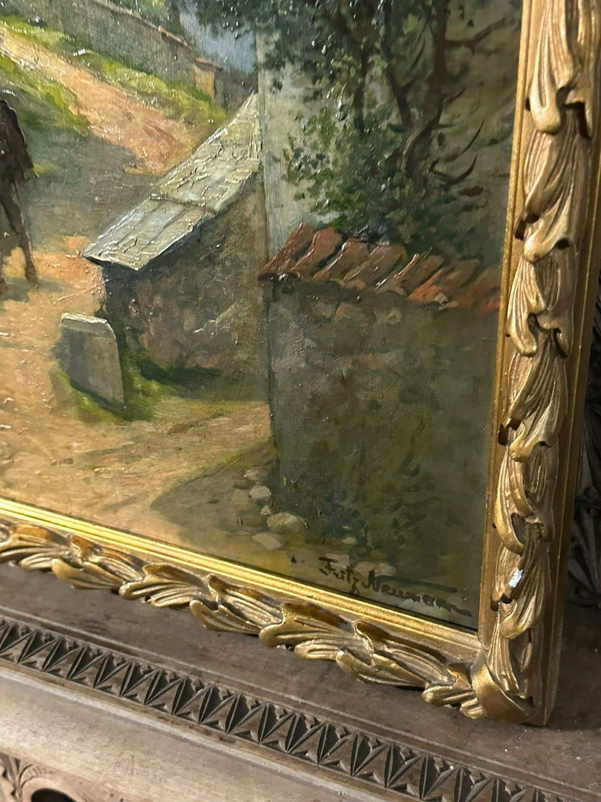 Altes Ölgemälde Mann mit Pferd auf dem Weg signiert Fritz Neumann