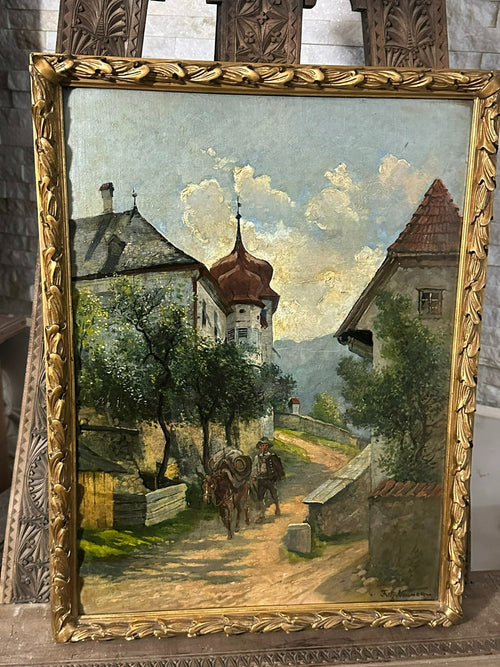 Altes Ölgemälde Mann mit Pferd auf dem Weg signiert Fritz Neumann