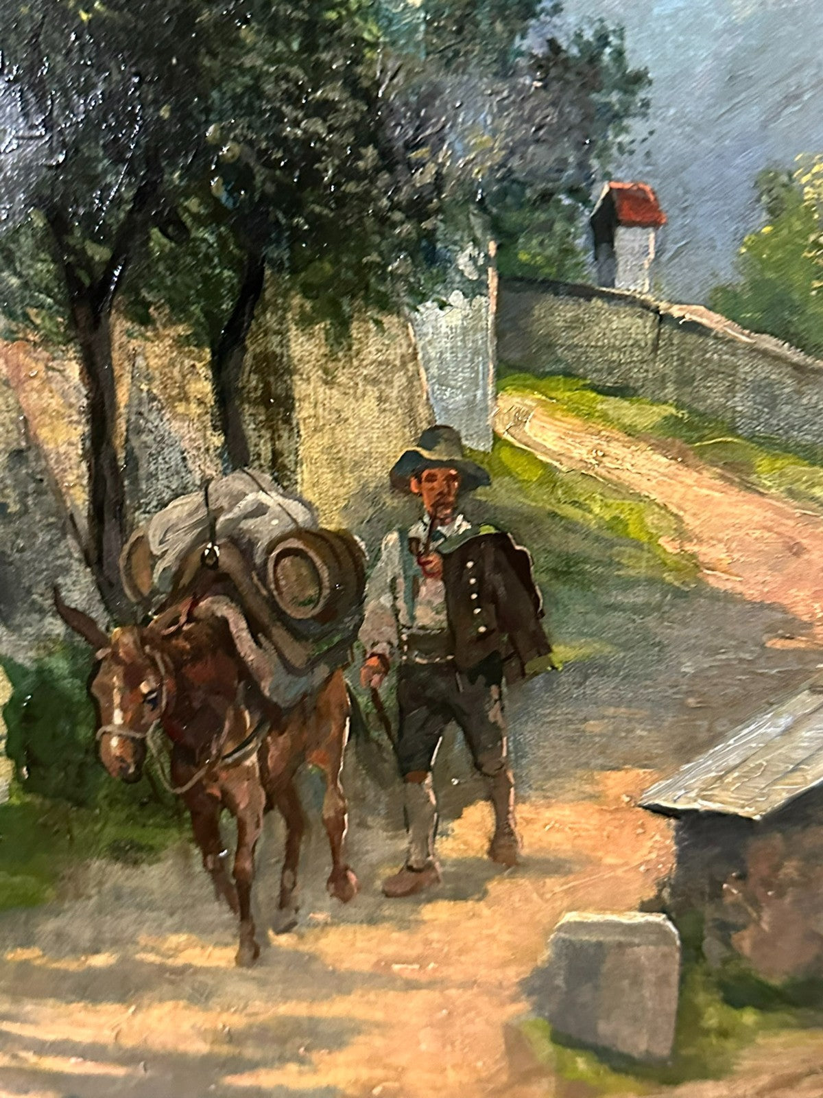 Altes Ölgemälde Mann mit Pferd auf dem Weg signiert Fritz Neumann
