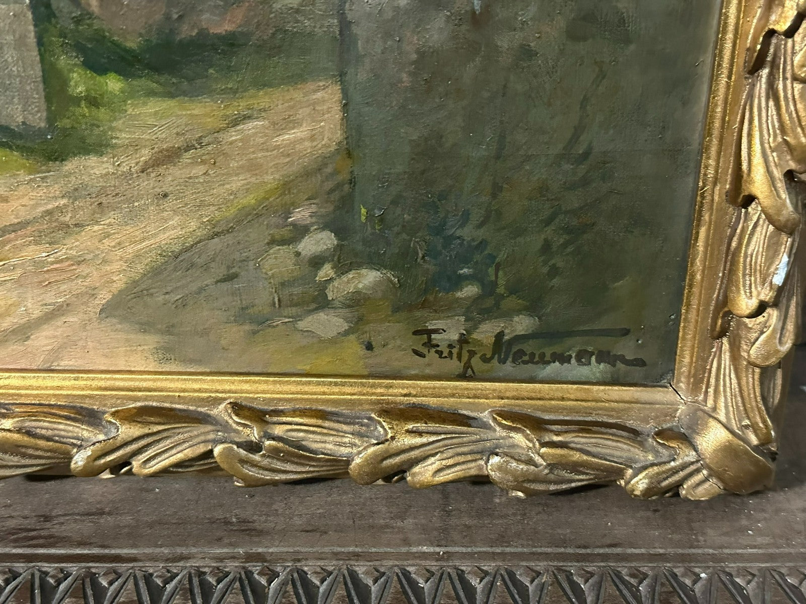 Altes Ölgemälde Mann mit Pferd auf dem Weg signiert Fritz Neumann