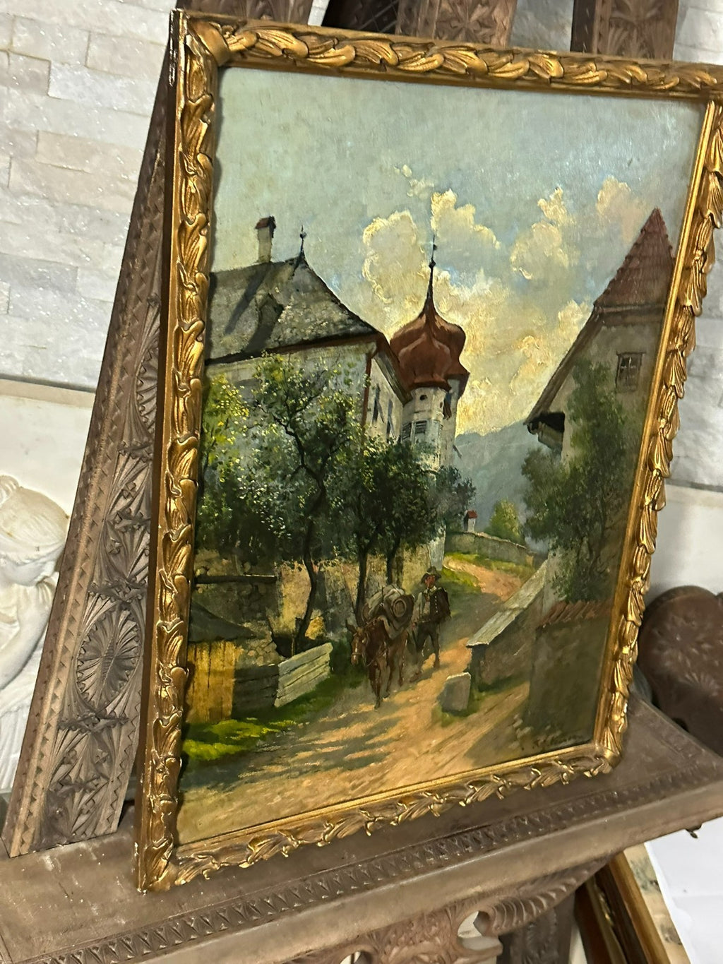 Altes Ölgemälde Mann mit Pferd auf dem Weg signiert Fritz Neumann