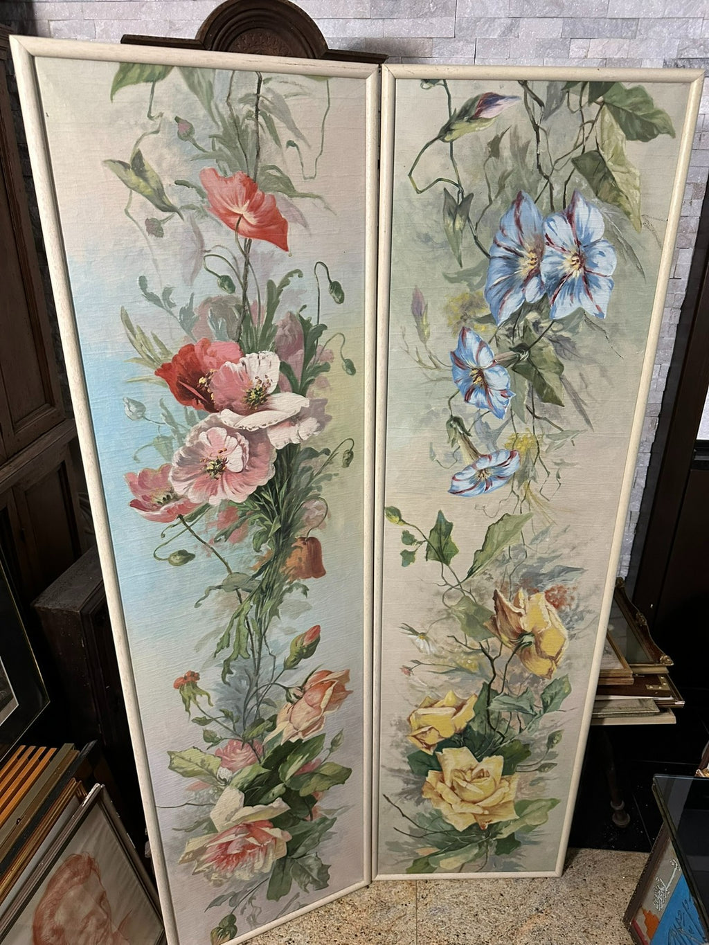 45x170cm Paar sehr grosse Gemälde Blumen Stillleben Ölgemälde
