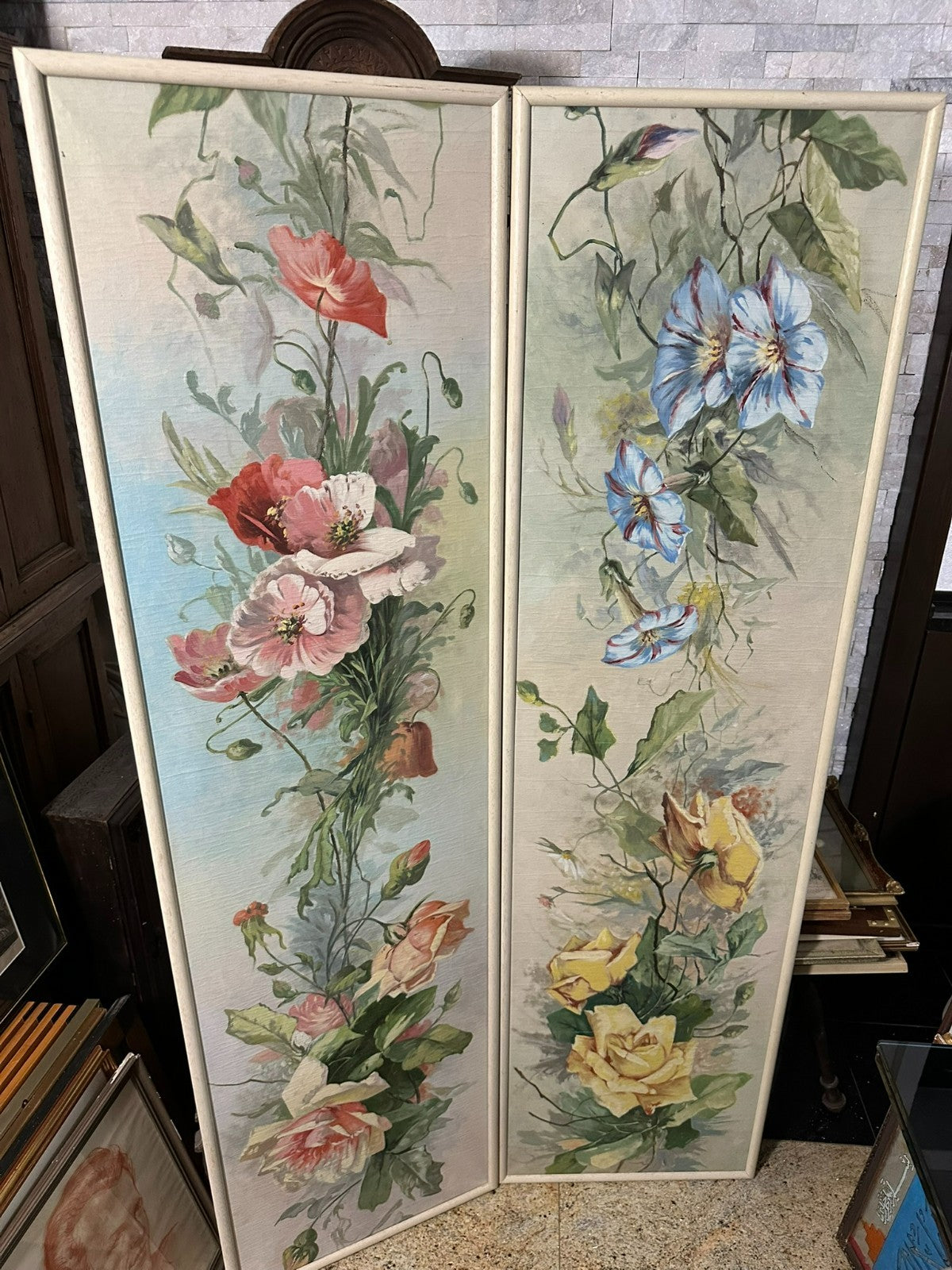 45x170cm Paar sehr grosse Gemälde Blumen Stillleben Ölgemälde