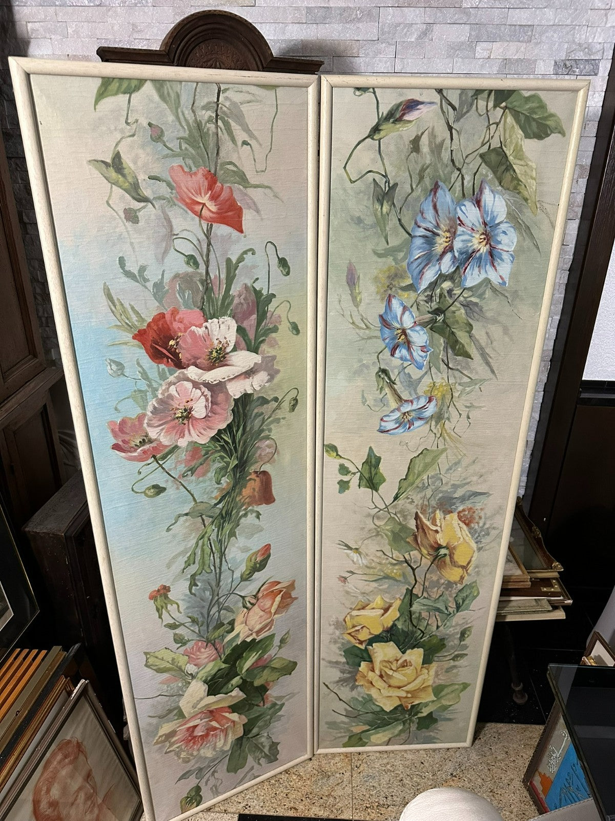 45x170cm PAAR SEHR GROSSE GEMÄLDE BLUMEN STILLLEBEN ÖLGEMÄLDE