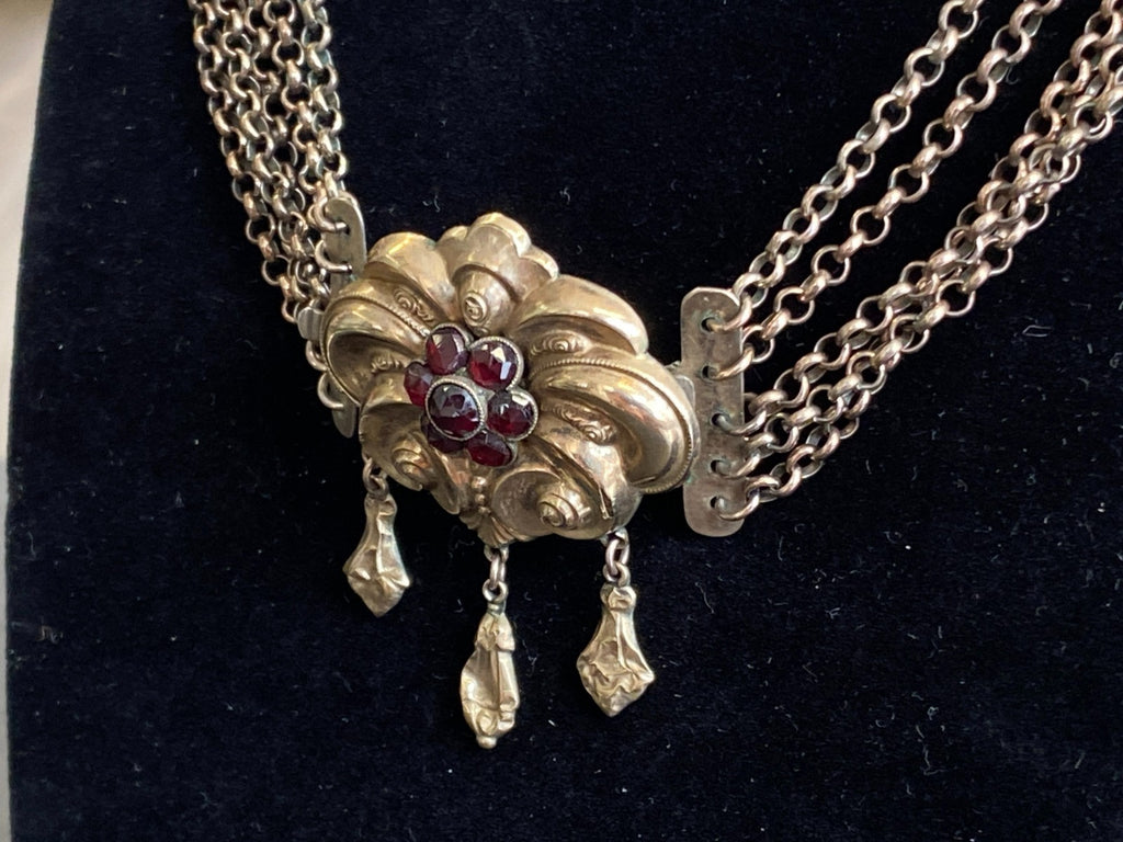 Antike Halskette Kropfkette Trachtenkette Sterling Silber vergoldet Granat 19JH