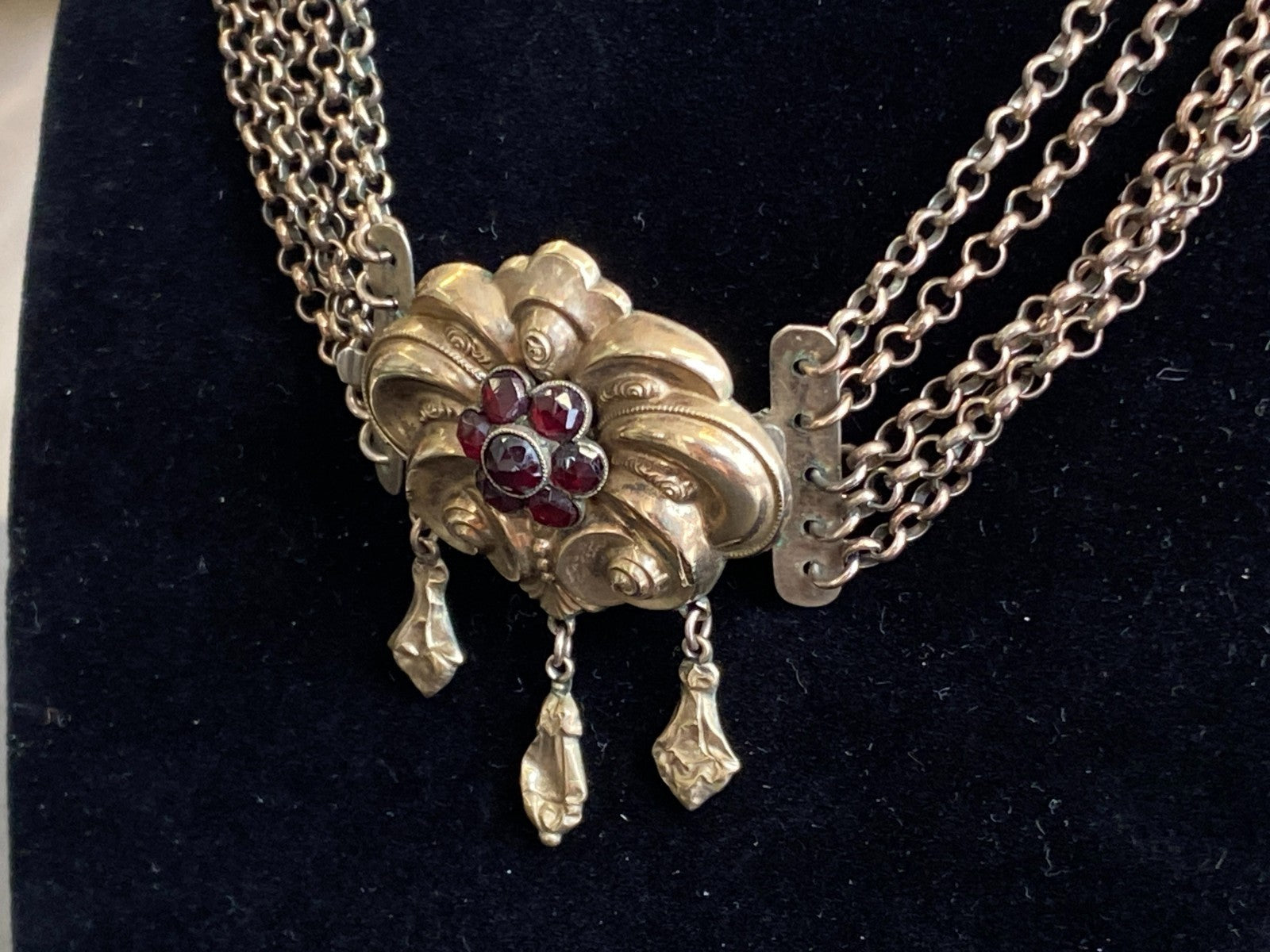 Antike Halskette Kropfkette Trachtenkette Sterling Silber vergoldet Granat 19JH