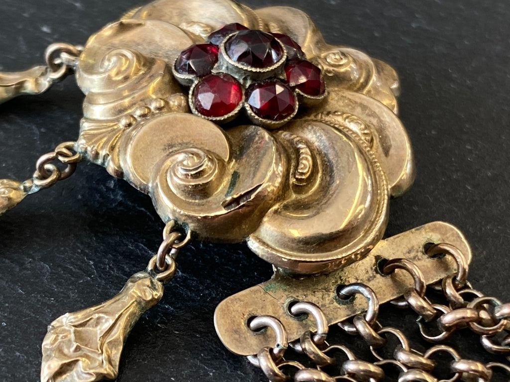 Antike Halskette Kropfkette Trachtenkette Sterling Silber vergoldet Granat 19JH